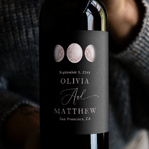 Étiquette Pour Bouteilles De Vin Élégante Lune rose   Mariage céleste noir