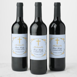 Étiquette Pour Bouteilles De Vin Elégante Pêche Bleue Florale 1ère Sainte Communion