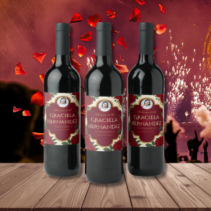 Étiquette Pour Bouteilles De Vin Élégante Quinceañera Rouge Bourgogne & Or
