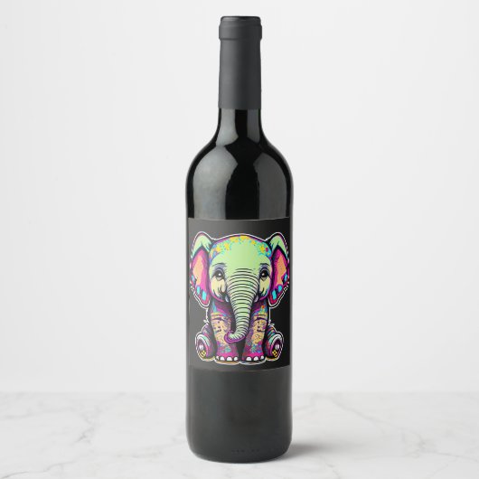 Étiquette Pour Bouteilles De Vin Eléphant mignon assis illustration numérique (Devant)