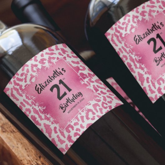 Étiquette Pour Bouteilles De Vin Empreinte de léopard rose chaud 21e anniversaire P