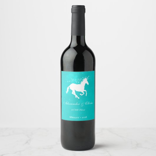 Étiquette Pour Bouteilles De Vin Étiquette de vin Mariage Unicorne Turquoise (Devant)