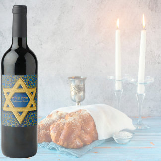 Étiquette Pour Bouteilles De Vin Étoile de David Bleu Or Hébreu Shabbat Shalom