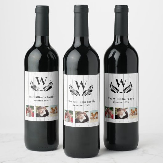Étiquette Pour Bouteilles De Vin Famille Réunion rustique bois photo monogramme (Bouteilles)