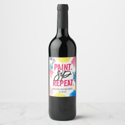 Étiquette Pour Bouteilles De Vin Faveur de fête de Bachelorette Paint Sip Repeat (Devant)