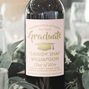 Étiquette Pour Bouteilles De Vin Félicitations Élégant Rose Poudré et Or Diplômé