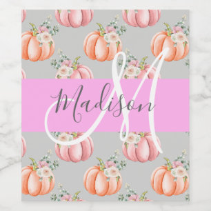 Étiquette Pour Bouteilles De Vin Féminin Floral Gris Rose Pêche Citrouille Monogram
