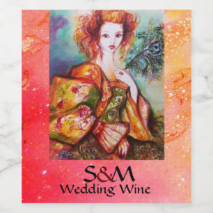 Étiquette Pour Bouteilles De Vin FEMME ROMANTIQUE AVEC PEACOCK FEATHER Mariage rose