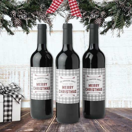 Étiquette Pour Bouteilles De Vin Ferme grise Gingham Joyeux Noël