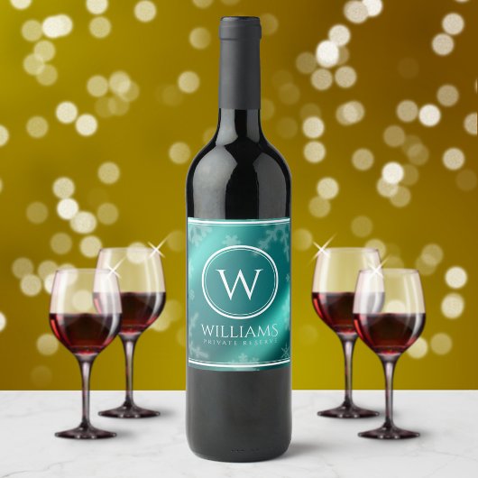 Étiquette Pour Bouteilles De Vin Festif Blue Foil Snowflakes Monogramme Nom