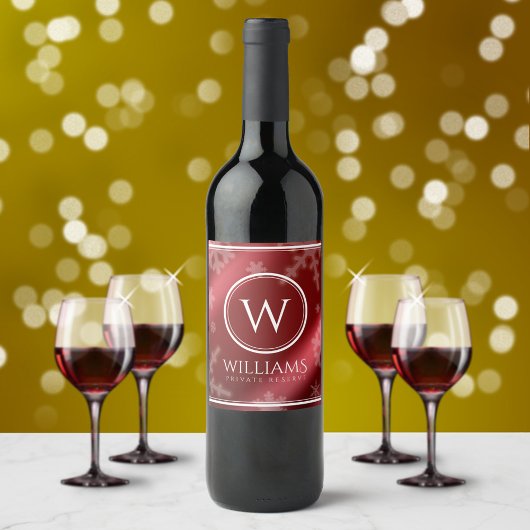 Étiquette Pour Bouteilles De Vin Festif Red Foil Snowflakes Nom du monogramme