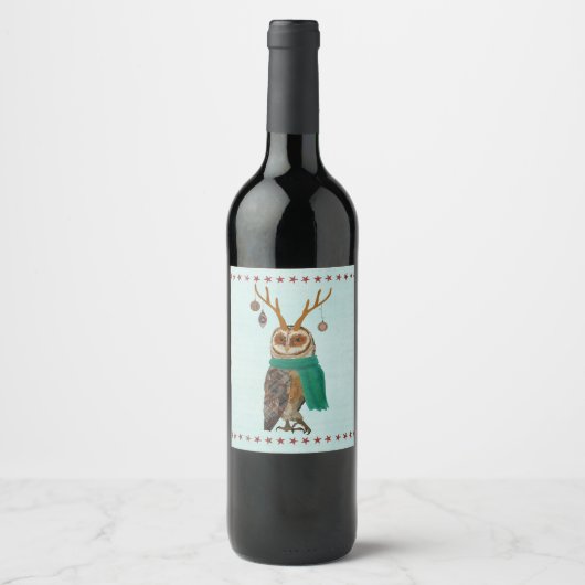 ÉTIQUETTE POUR BOUTEILLES DE VIN FESTIVE ANTLER OWL (Devant)