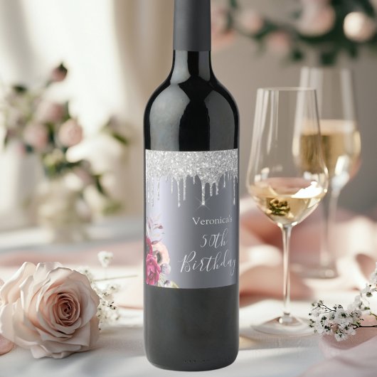 Étiquette Pour Bouteilles De Vin fête d'anniversaire argent parties scintillant nom