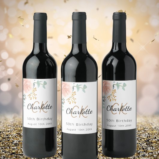 Étiquette Pour Bouteilles De Vin Fête d'anniversaire en or rose floral
