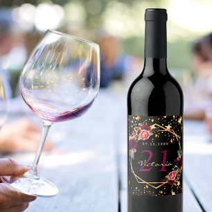 Étiquette Pour Bouteilles De Vin fête d'anniversaire étoiles noires florales bordea