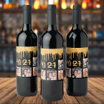 Étiquette Pour Bouteilles De Vin fête d'anniversaire parties scintillant photo pers<br><div class="desc">Pour une fête d'anniversaire de 21 ans (ou tout âge), célébrant sa vie avec un collage de 5 de vos propres photos. Personnalisez et ajoutez un nom, 21 ans et une date. Date de naissance ou date de la fête. Lettres blanches et dorées. Couleur arrière - plan noire classique, décorée...</div>
