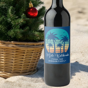 Étiquette Pour Bouteilles De Vin Fête de Noël du coucher de soleil tropical de Mele
