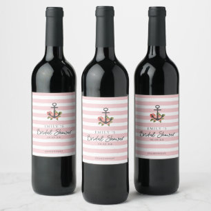 Étiquette Pour Bouteilles De Vin Fête des mariées d'Ancre Nautique à bande rose