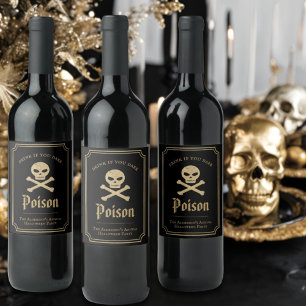 Étiquette Pour Bouteilles De Vin Fête d'Halloween crâne noir et or poison