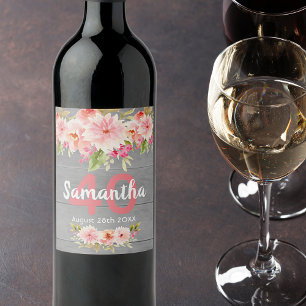 Étiquette Pour Bouteilles De Vin fête du 40e anniversaire coral dahlia fleurs gris