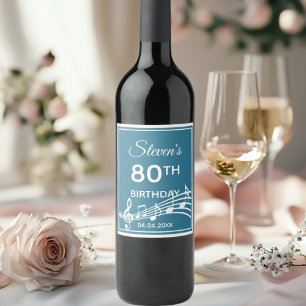 Étiquette Pour Bouteilles De Vin Fête du 80e anniversaire turquoise musique bleue