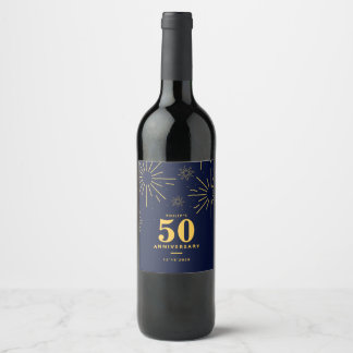 Étiquette Pour Bouteilles De Vin Feu d'artifice bleu foncé et jaune 50e anniversair