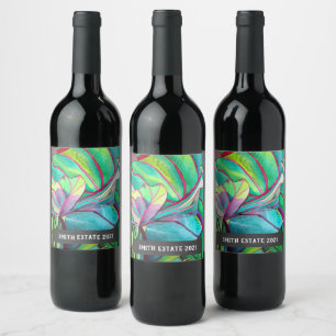 Étiquette Pour Bouteilles De Vin Feuillage tropical aquarelle fleurie art vin étiqu