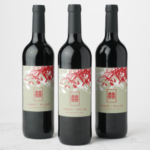Étiquette Pour Bouteilles De Vin Feuille double Xi Mariage chinois en bambou rouge/