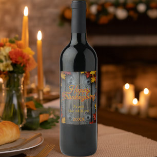 Étiquette Pour Bouteilles De Vin Feuilles d'automne sur du bois rustique Joyeux Tha