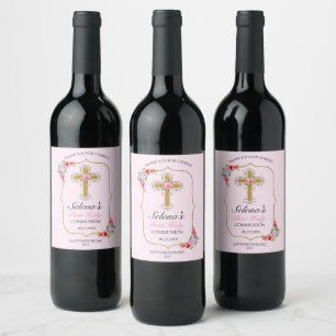 Étiquette Pour Bouteilles De Vin Filles Rose Floral Première Sainte Communion