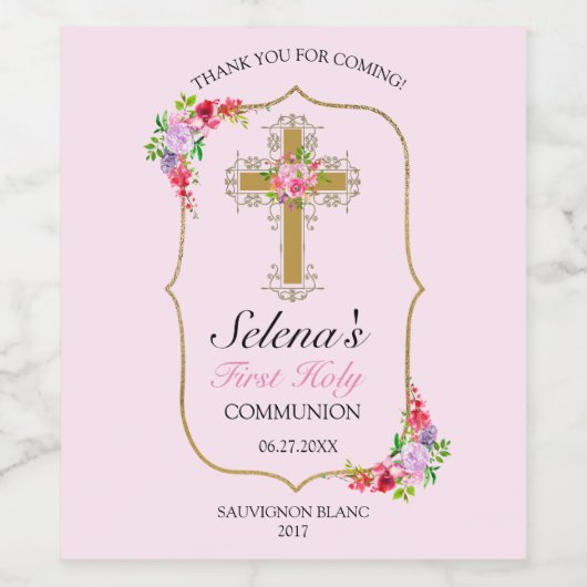 Étiquette Pour Bouteilles De Vin Filles Rose Floral Première Sainte Communion (Étiquettes simples)