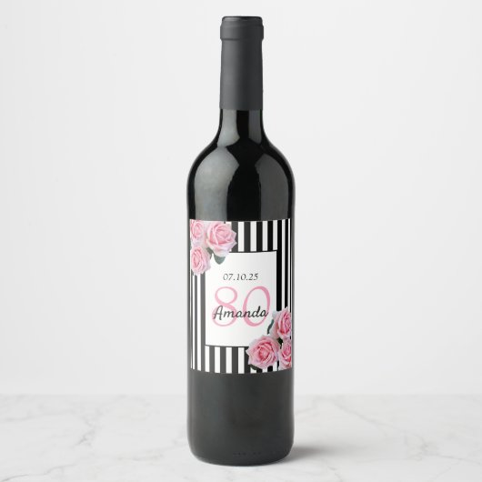 Étiquette Pour Bouteilles De Vin Fils roses noir blanc rayures 80e anniversaire (Devant)