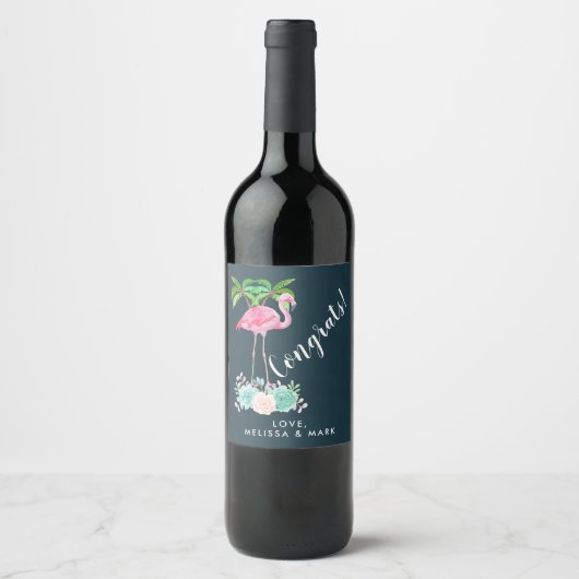 Étiquette Pour Bouteilles De Vin Flamant rose rose avec Palm Trees (Devant)