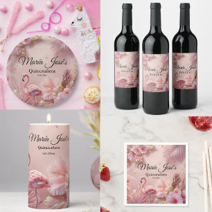Étiquette Pour Bouteilles De Vin Flamant rose tropical Quinceañera, coutume
