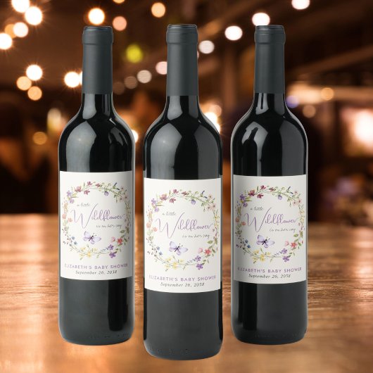 Étiquette Pour Bouteilles De Vin Fleur sauvage Aquarelle bébé fille douche