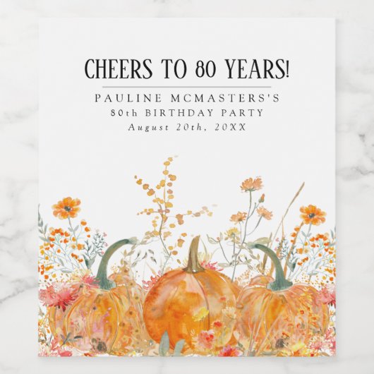 Étiquette Pour Bouteilles De Vin Fleur sauvage citrouille 80e anniversaire Personna (Étiquettes simples)