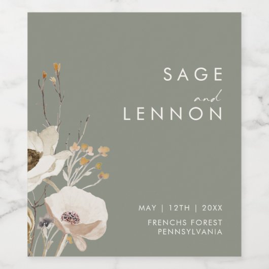 Étiquette Pour Bouteilles De Vin Fleur sauvage lunatique | Mariage vert Sage (Étiquettes simples)
