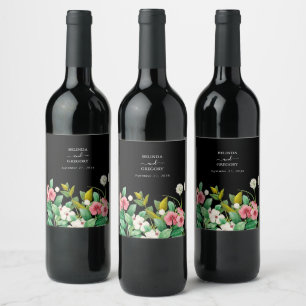 Étiquette Pour Bouteilles De Vin Fleur sauvage Périwinkle Aquarelle Mariage noir