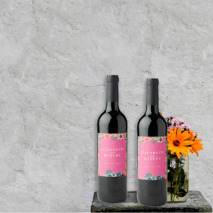 Étiquette Pour Bouteilles De Vin Fleur Sauvage Rose Chaud Élégant Jardin Bleu Bohèm