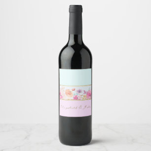 Étiquette Pour Bouteilles De Vin Fleurs aquarelles modernes rayées - Personnalisé