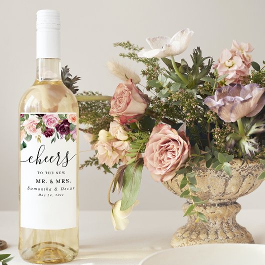 Étiquette Pour Bouteilles De Vin Fleurs aquarelles rustiques bordeaux et gouttes d'