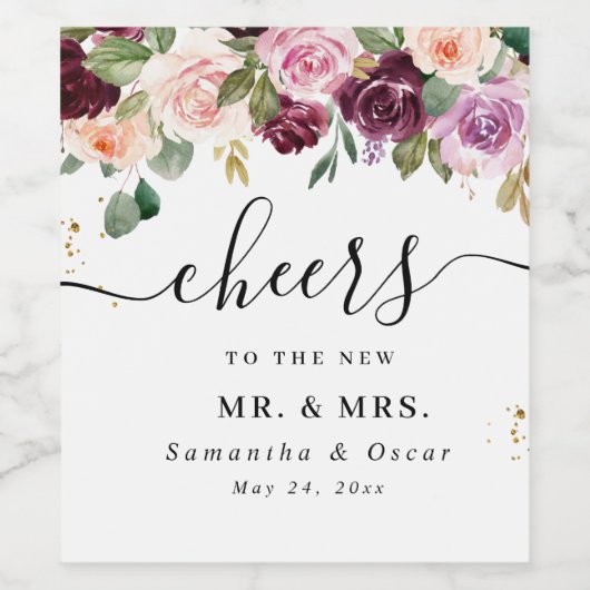 Étiquette Pour Bouteilles De Vin Fleurs aquarelles rustiques bordeaux et gouttes do (Étiquettes simples)