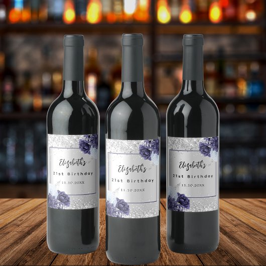 Étiquette Pour Bouteilles De Vin Fleurs bleu argenté