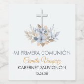 Étiquette Pour Bouteilles De Vin Fleurs bleues mignonnes en espagnol Première commu (Étiquettes simples)