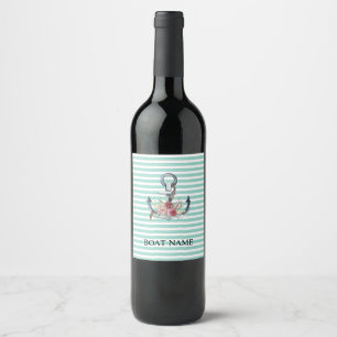 Étiquette Pour Bouteilles De Vin Fleurs d'ancre nautiques, rayures vert menthe