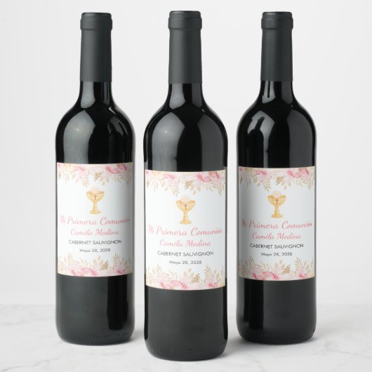 Étiquette Pour Bouteilles De Vin Fleurs d'aquarelle mignonnes Première communion sa (Bouteilles)