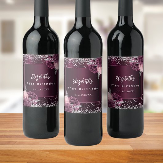 Étiquette Pour Bouteilles De Vin Fleurs d'argent rose bordeaux