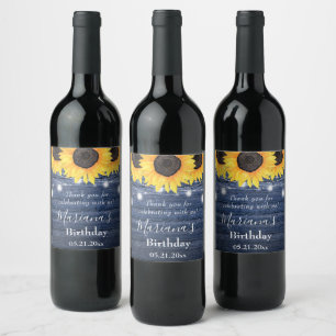 Étiquette Pour Bouteilles De Vin Fleurs de soleil String lumières Bleu Anniversair
