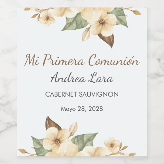 Étiquette Pour Bouteilles De Vin Fleurs Jaunes mignonnes Première Communion Espagno (Étiquettes simples)