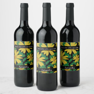 Étiquette Pour Bouteilles De Vin Fleurs marguerites jaunes avec feuilles verts